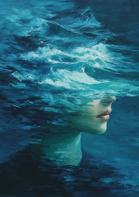 Surrealistische Vrouw Oceaangolven Turquoise Portret Canvas Schilderij