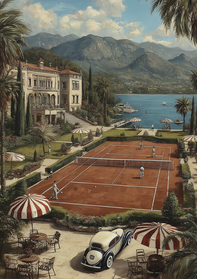 Luxe Villa Graveltennisbaan Italiaans Meer Bergen Zomers Landschap Canvas Schilderij
