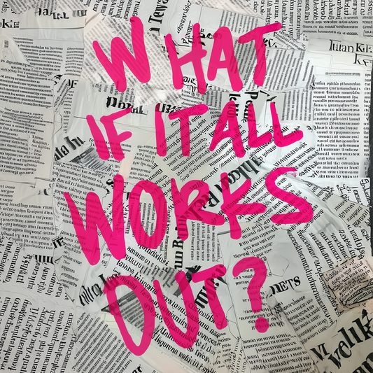 Pink text on newspaper canvas painting in typographic style