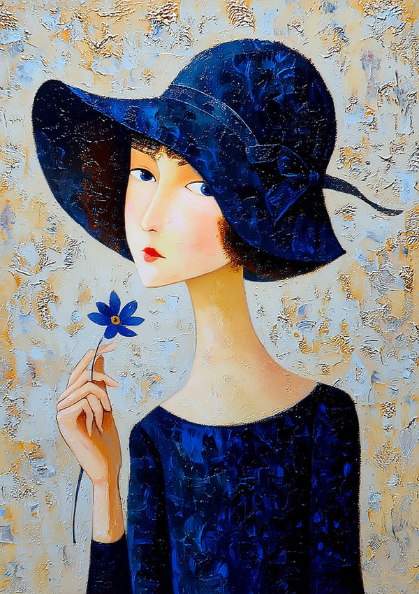 Elegante Vrouw Donkerblauwe Hoed Blauwe Bloem Jurk Portret Schilderij