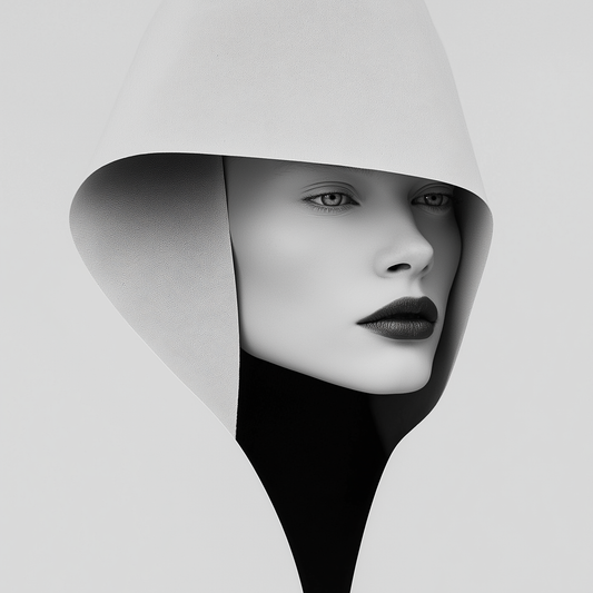 Futuristisch vrouwenportret met witte kap, canvas schilderij in minimalistische grijstinten