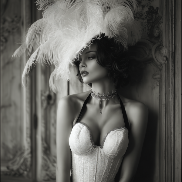 Elegant Woman Feather Hat Black White Belle Époque Portrait Painting