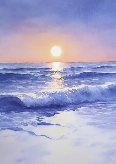 Watercolor Beach With Waves At Sunset Soft Pastel Tones Canvas Painting