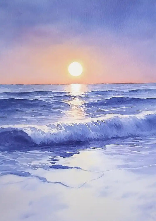 Aquarel Strand Met Golven Bij Zonsondergang Zachte Pasteltinten Canvas Schilderij