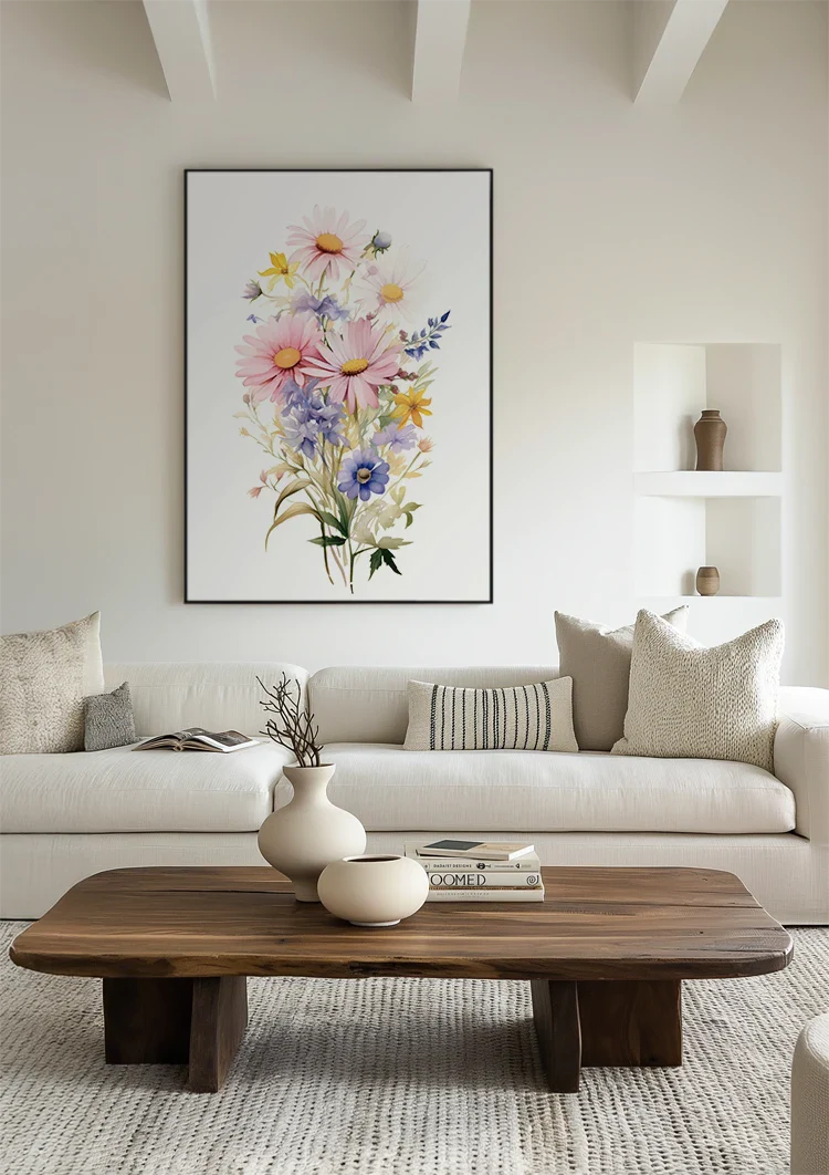 Aquarell Strauß Rosa Gänseblümchen Orange Lilie Lila Wildblumen Fröhliches Leinwandbild