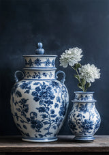 Delfts Blauwe Vazen Bloemmotief Wit Bloemen Donkere Achtergrond Stilleven Canvas Schilderij