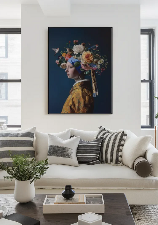 Meisje met de Parel Bloemenkroon Kleurrijke Bloemen Modern Barok Canvas Schilderij