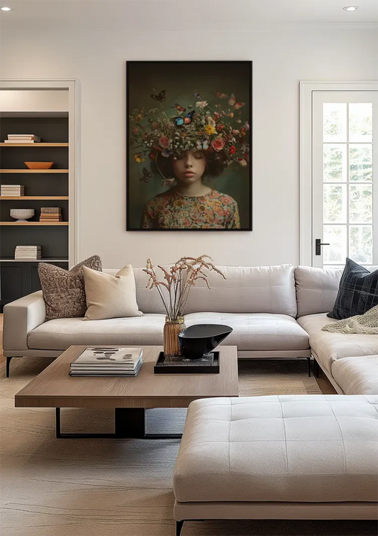 Meisje met Bloemenkroon en Vlinders Dromerig Natuur Portret Canvas Schilderij