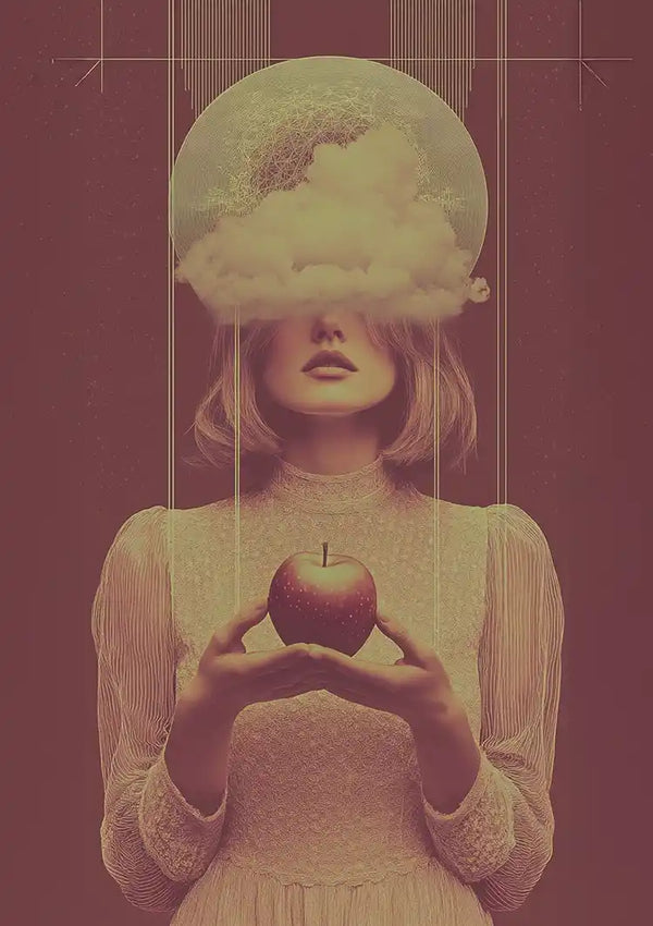 Surrealist Female Portrait With Cloud And Red Apple Vintage Painting
