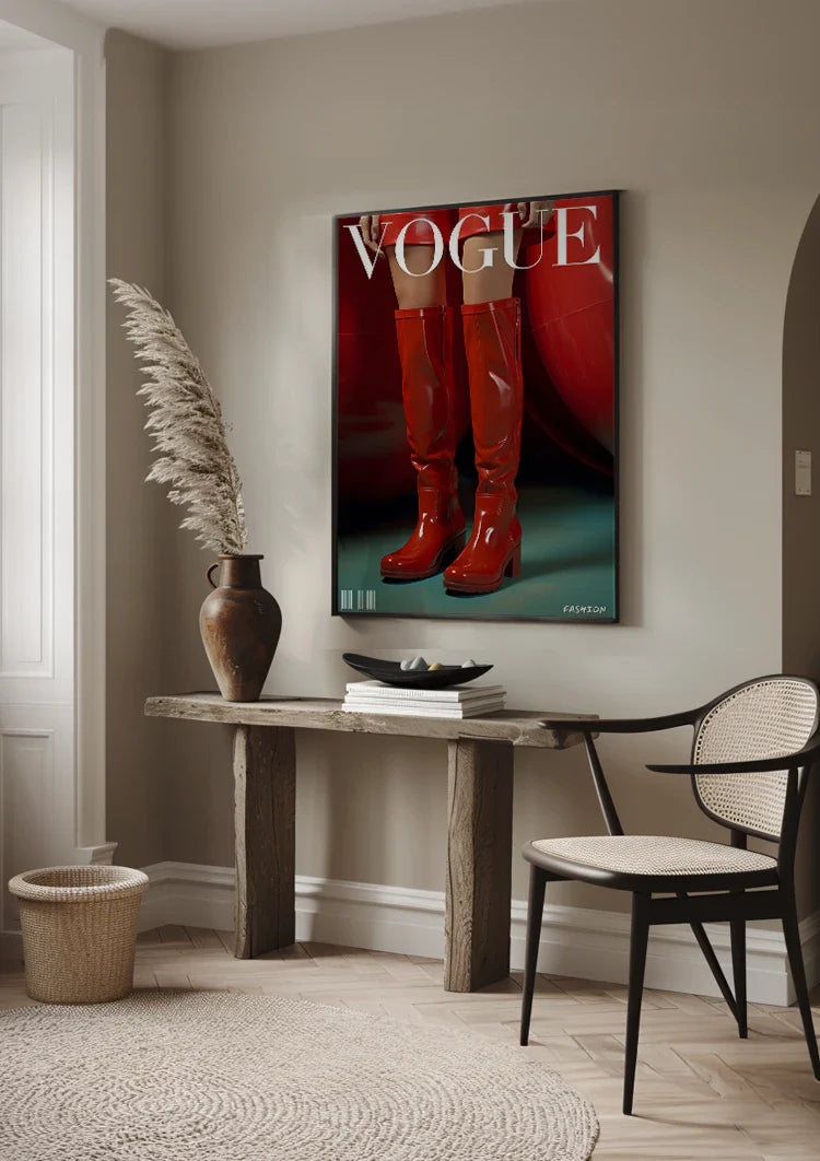 Rote glänzende Stiefel Vogue Cover-Stil Mode Rot Retro-Gemälde