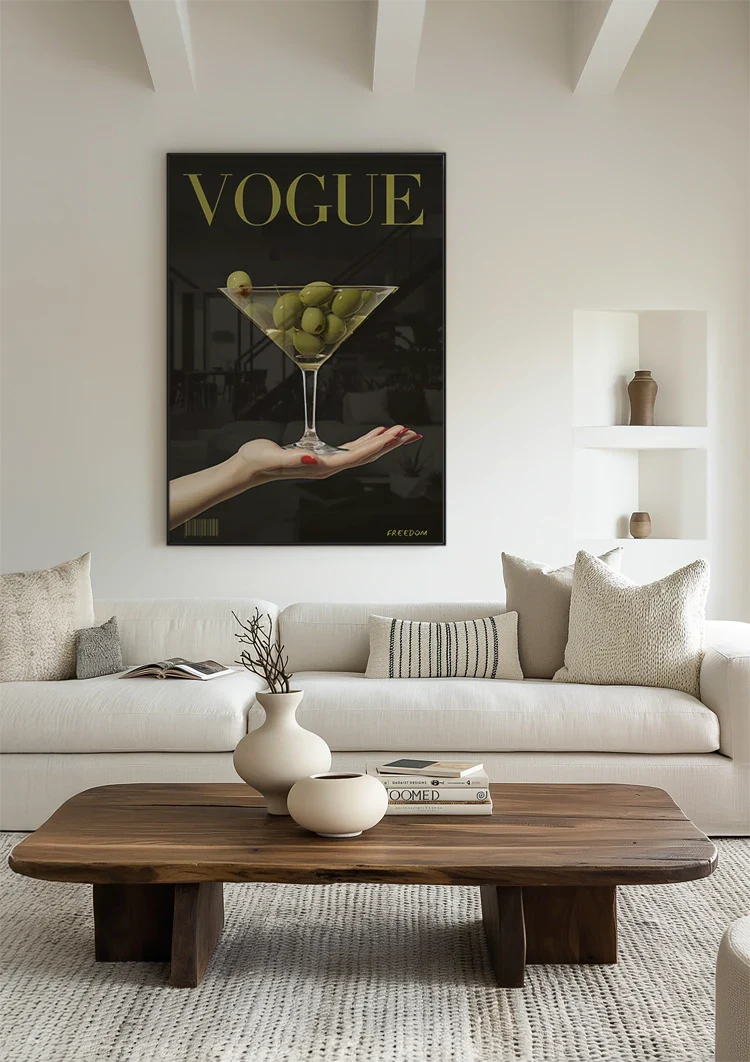 Vogue Cover Woman's Hand Martini Glass Green Olives Black Gold Art Painting