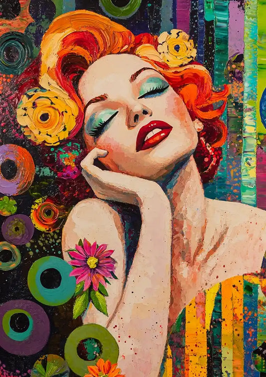 Glamoureuze vrouw canvas schilderij in felle pop art kleuren, met rood haar