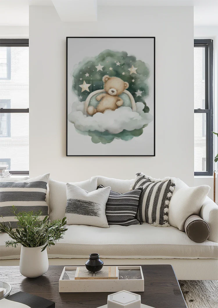 Schlafender Teddybär Wolke Sterne Aquarell Verträumtes Kinderzimmergemälde