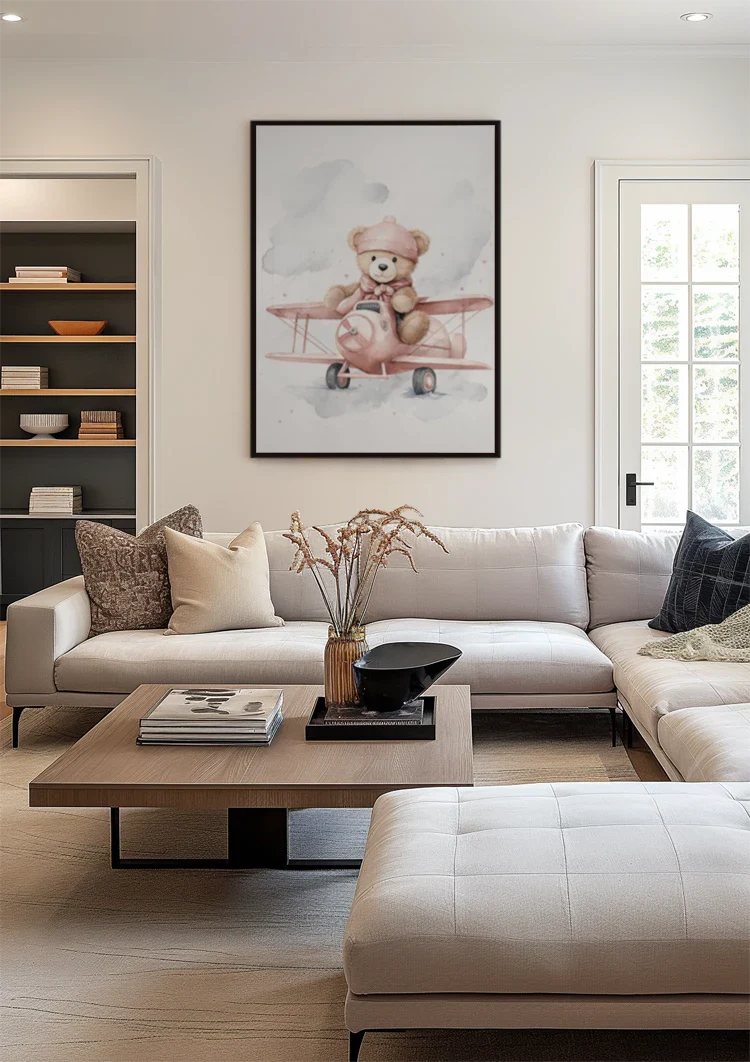 Niedlicher Teddybär Rosa Flugzeug Pilot Kinderzimmer Wandbild