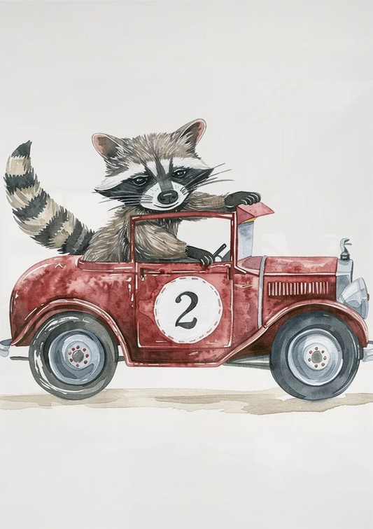 Waschbär in einem roten Rennwagen Leinwandbild über dem Bett im Schlafzimmer