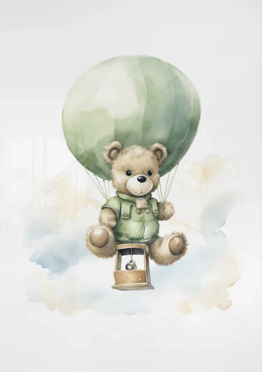 Teddybeer met de luchtballon canvas schilderij aan de muur boven het bed in de slaapkamer