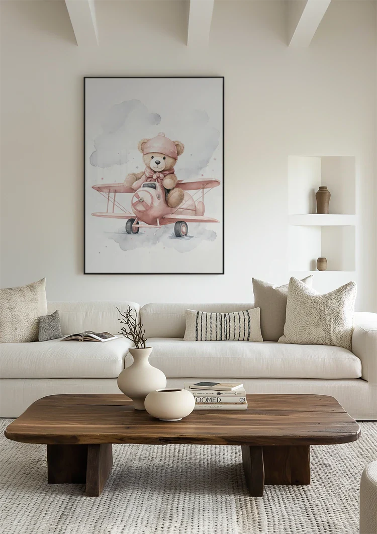 Teddybeer Roze Vliegtuig Wolken Kinderkamer Aquarel Schilderij