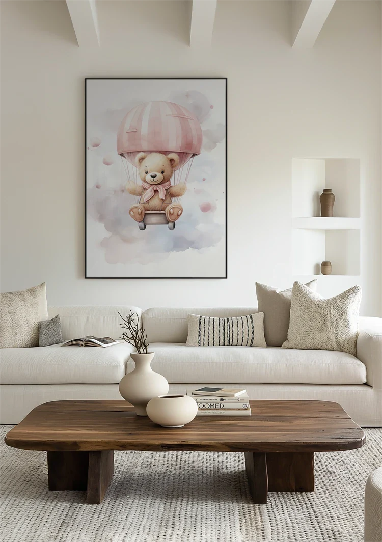 Niedlicher Teddybär Rosa Heißluftballon Wolken Verträumtes Kinderzimmer Gemälde