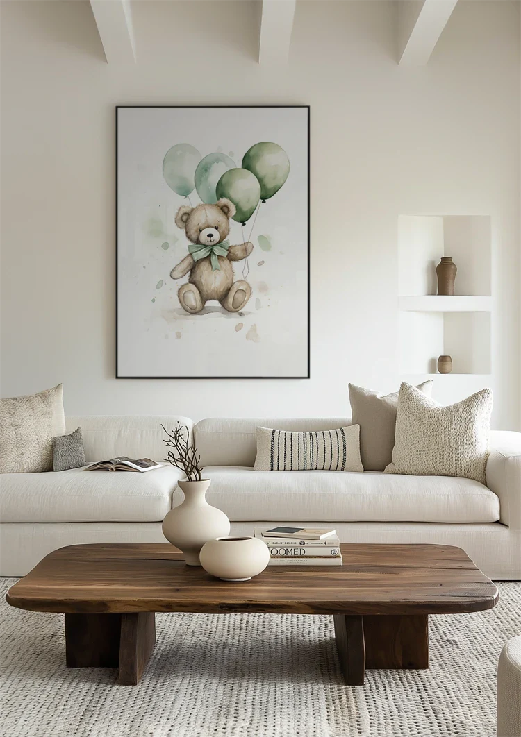 Niedlicher Teddybär Brauner Pelz Grüne Ballons Schleife Kinderzimmer Gemälde