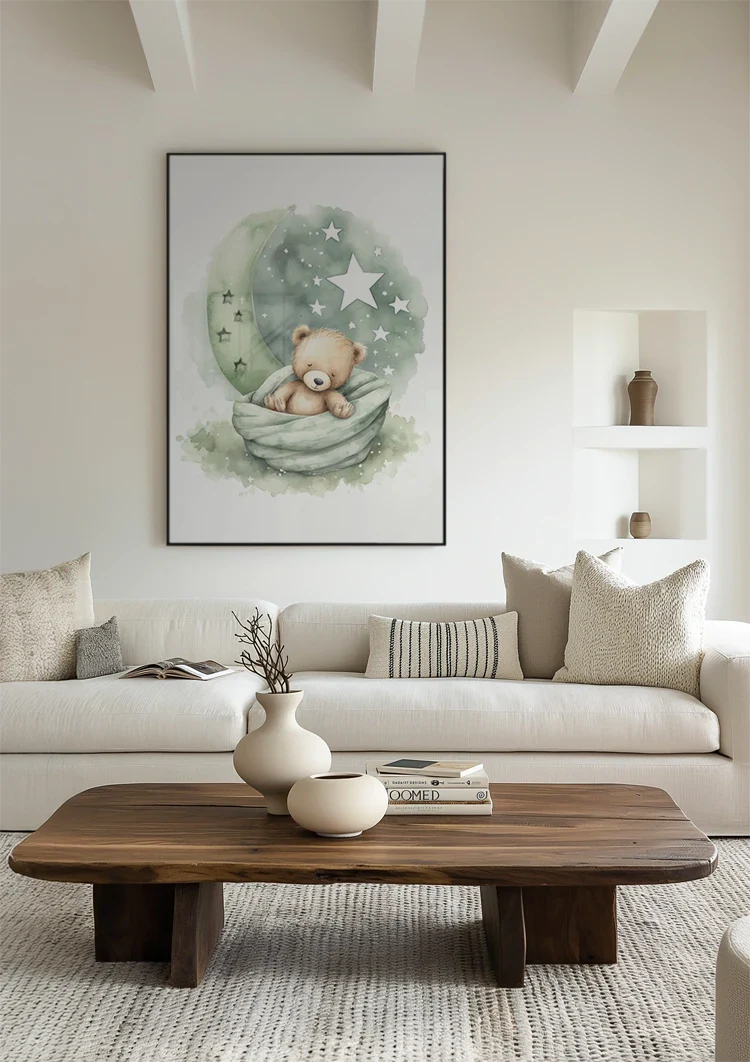 Schlafender Teddybär Grüne Mond Sterne Decke Verträumtes Kinderzimmer Gemälde