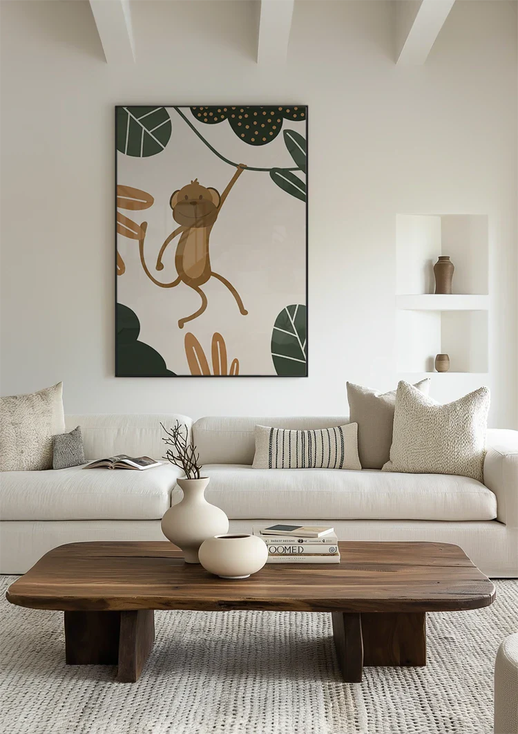 Lachender Affe Liane Grüne Blätter Verspielter Dschungel Kinderzimmer Gemälde