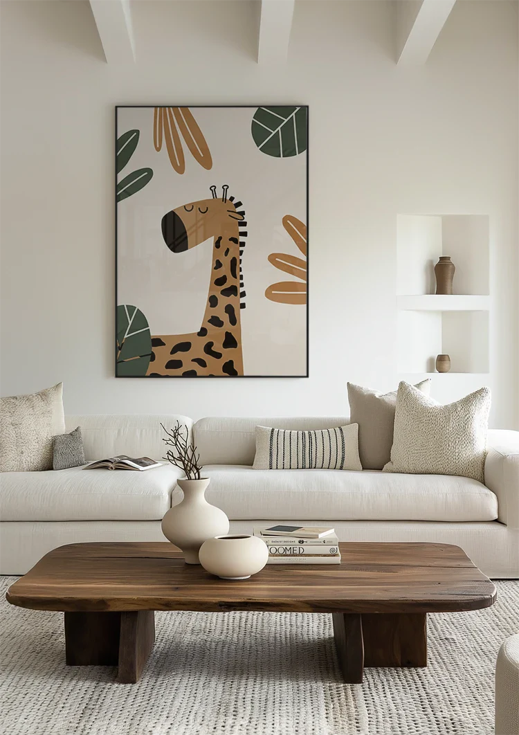 Niedliche Giraffe Geschlossene Augen Tropische Blätter Erdtöne Kinderzimmer Bild