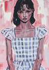 Girl in Blue Plaid Dress Pink Background Portrait Painting