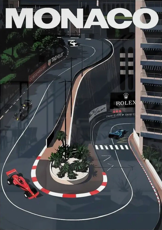 Monaco Circuit mit einem Rennwagen Leinwandbild über dem Bett im Schlafzimmer