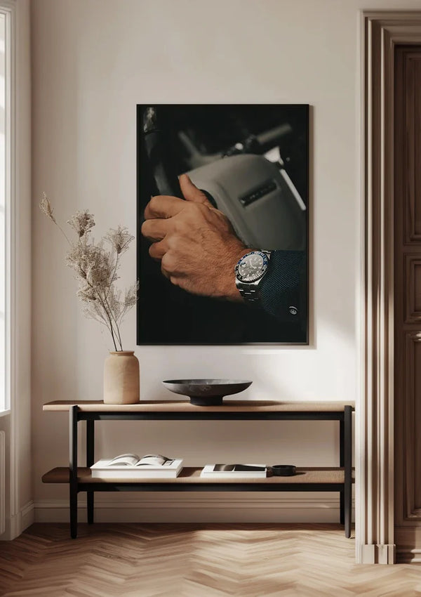 Businessman Hand on Steering Wheel with Luxury Watch Close-up Painting