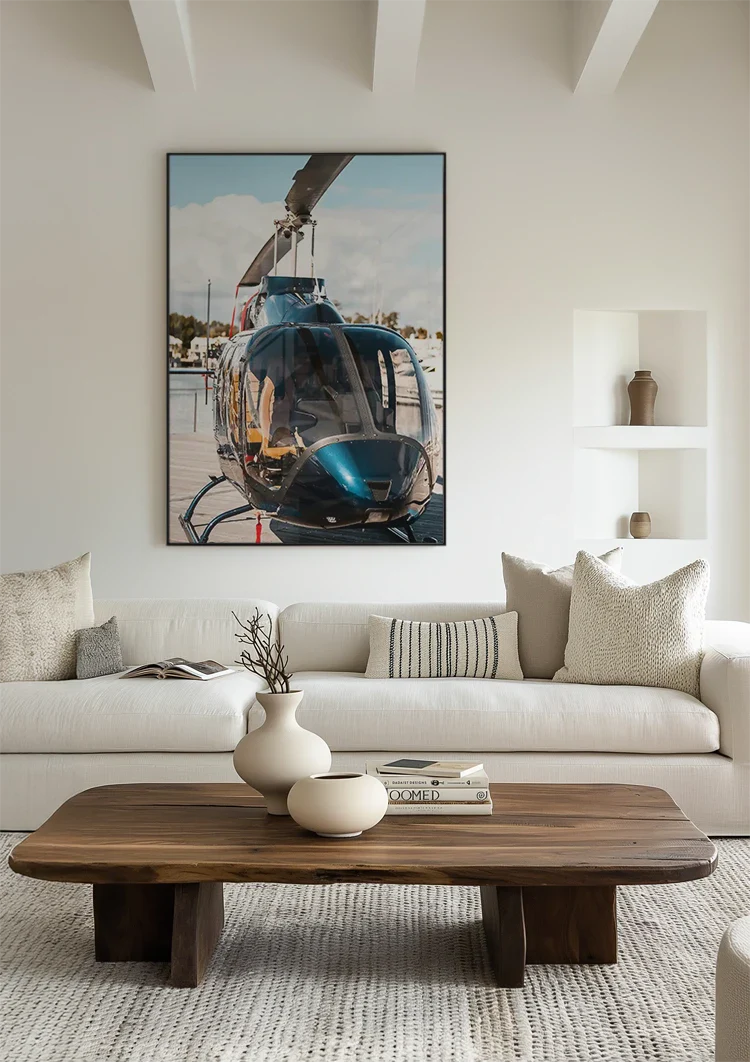 Shiny Helicopter on Wooden Dock by Calm Water Painting