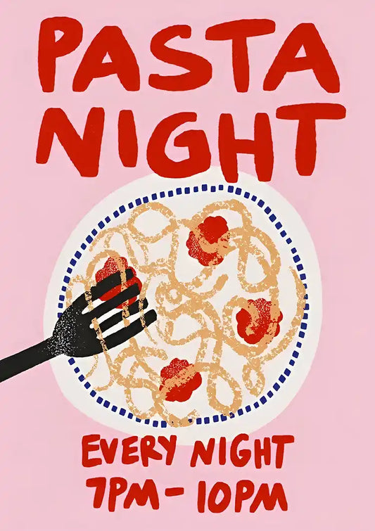 Pasta Night Retro Illustration Leinwandbild in Rosa mit roten Akzenten, im Retro-Stil