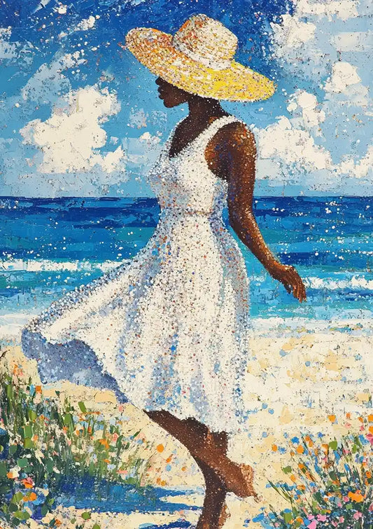 Vrouw Witte Jurk Strohoed Strand Blauwe Zee Abstract Canvas Schilderij