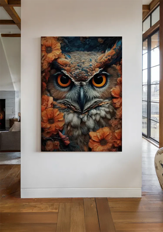Uil canvas schilderij met oranje ogen en kleurrijke bloemen in detailrijke stijl