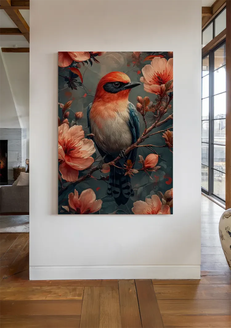 Colorful Bird On Branch Among Pink Blossoms Botanical Painting