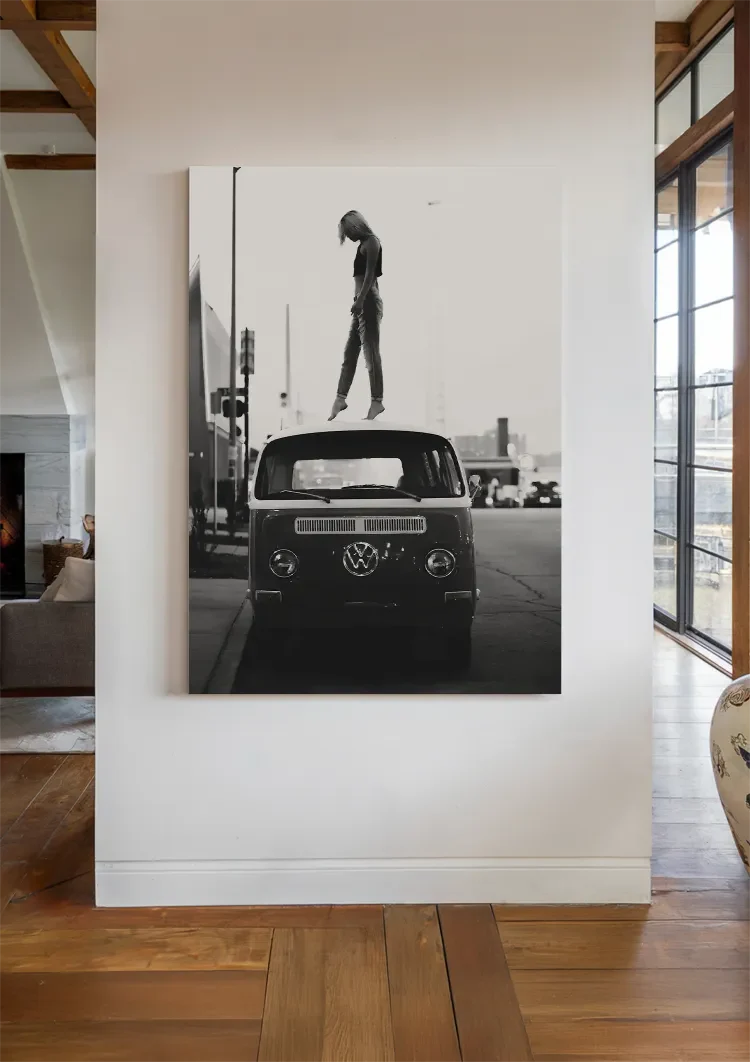 Black White VW Bus Person On Roof City Street Painting