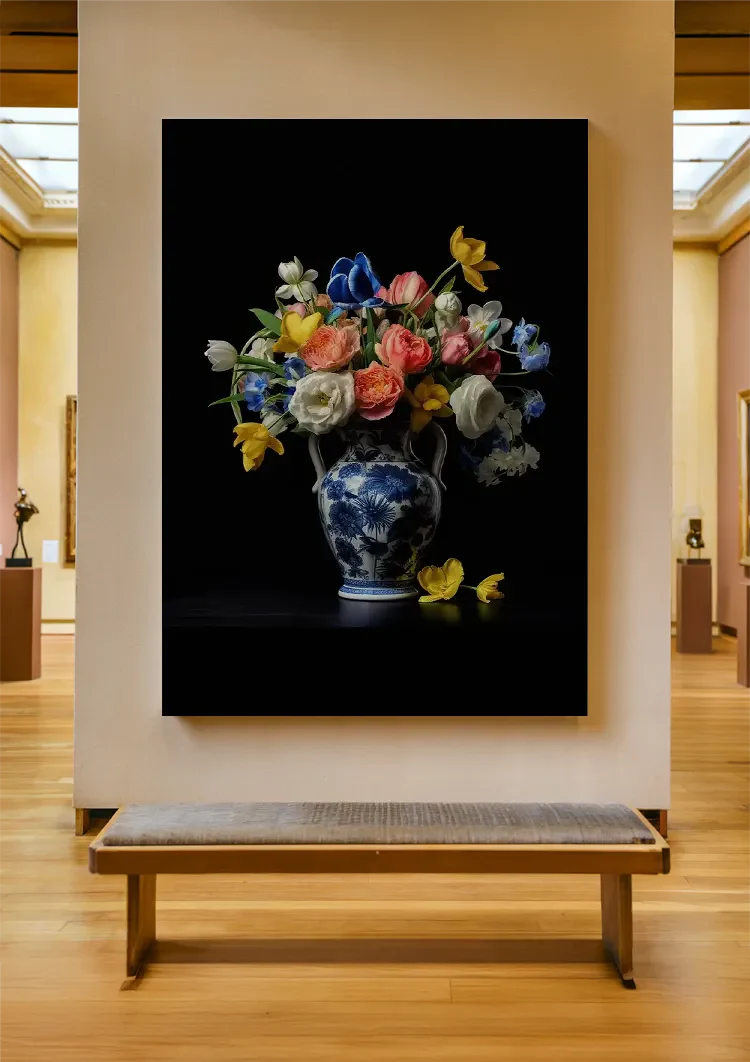 Delfts Blauwe Vaas Kleurrijke Bloemen Klassiek Stilleven Schilderij