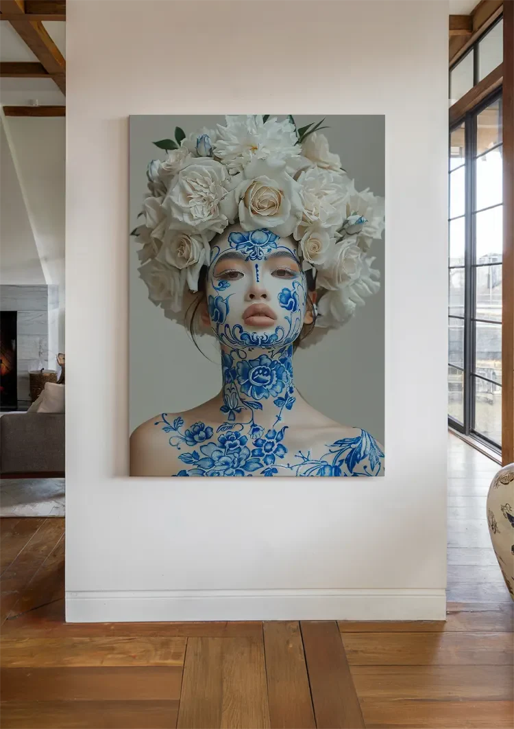 Vrouw Delfts Blauw Gezichtsschildering Witte Rozen Hoofdtooi Schilderij