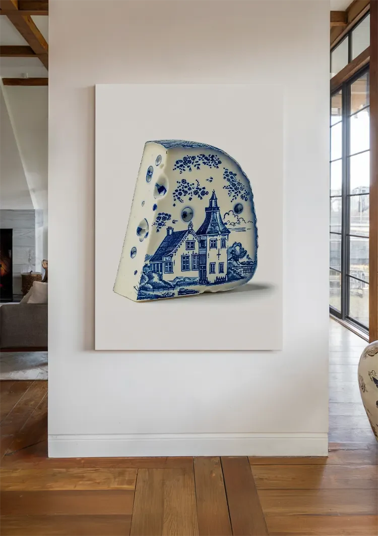 Delft Blue Cheese with Dutch House Illustration Painting