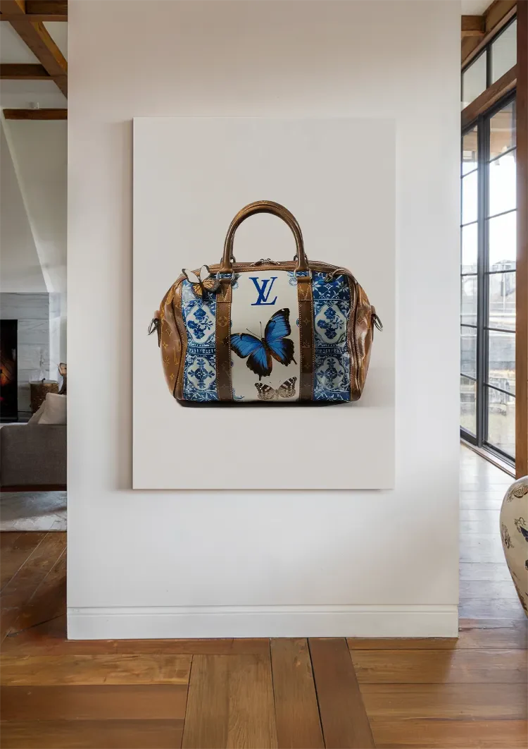 Louis Vuitton Tas Blauwe Vlinders Bloemen LV Logo Luxe Mode Schilderij
