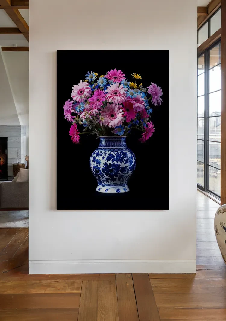 Delfts Blauwe Vaas Kleurrijke Bloemen Zwarte Achtergrond Schilderij