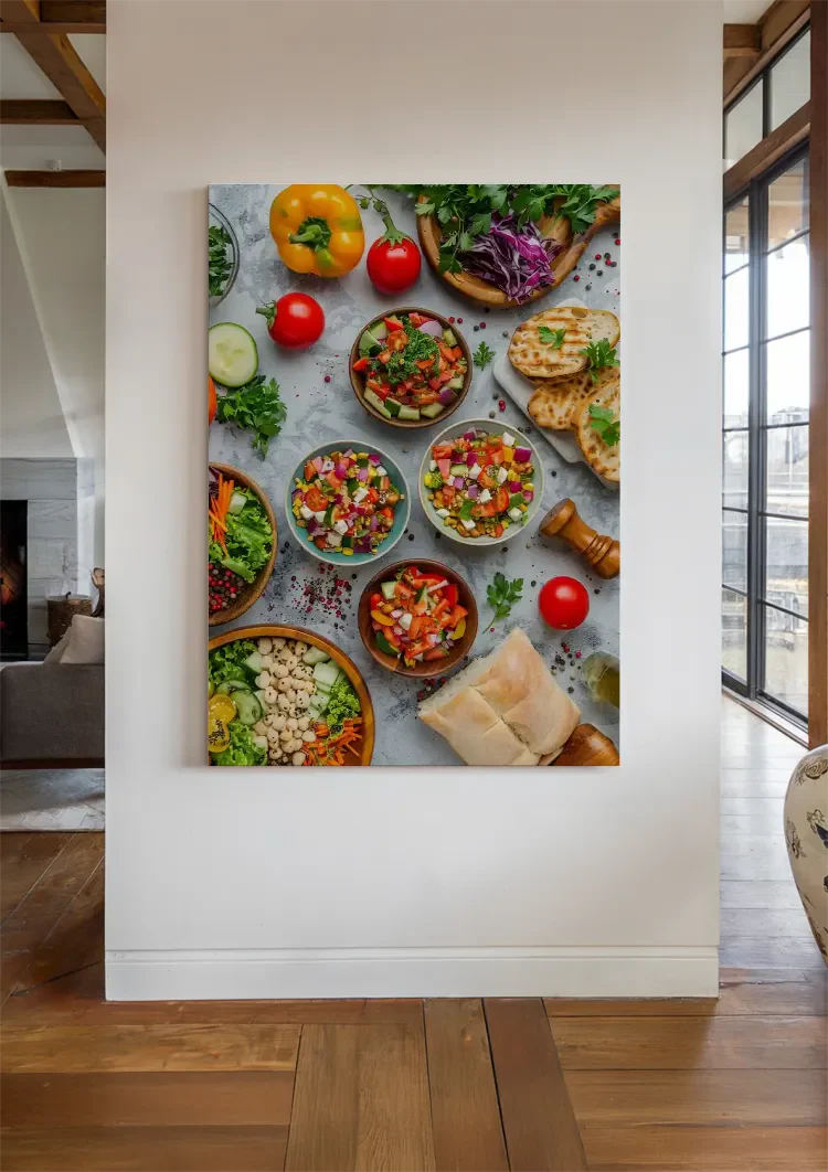 Kleurrijke Mediterrane Gerechten Groenten Salade Bovenaanzicht Schilderij