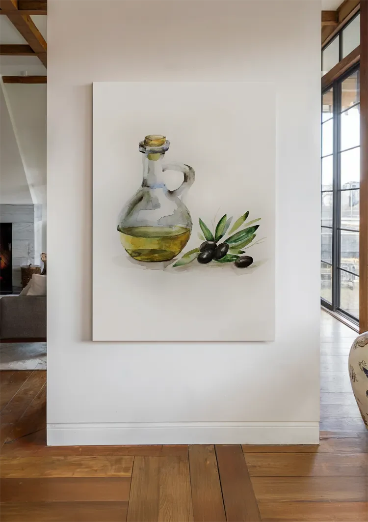 Olijfolie Fles Zwarte Olijftak Waterverf Botanisch Keuken Illustratie Schilderij