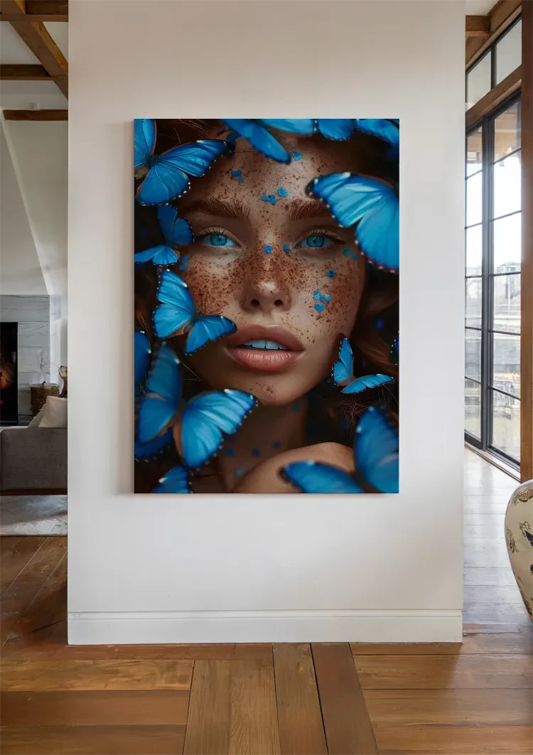 Female Portrait Surrounded by Blue Butterflies Dramatic Colorful Painting
