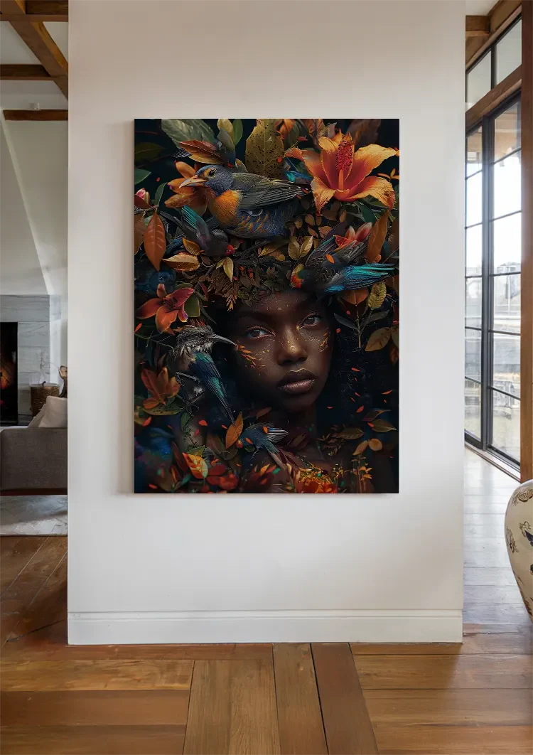 Vrouw Tropische Vogels Kleurrijke Bloemen Natuur Portret Schilderij