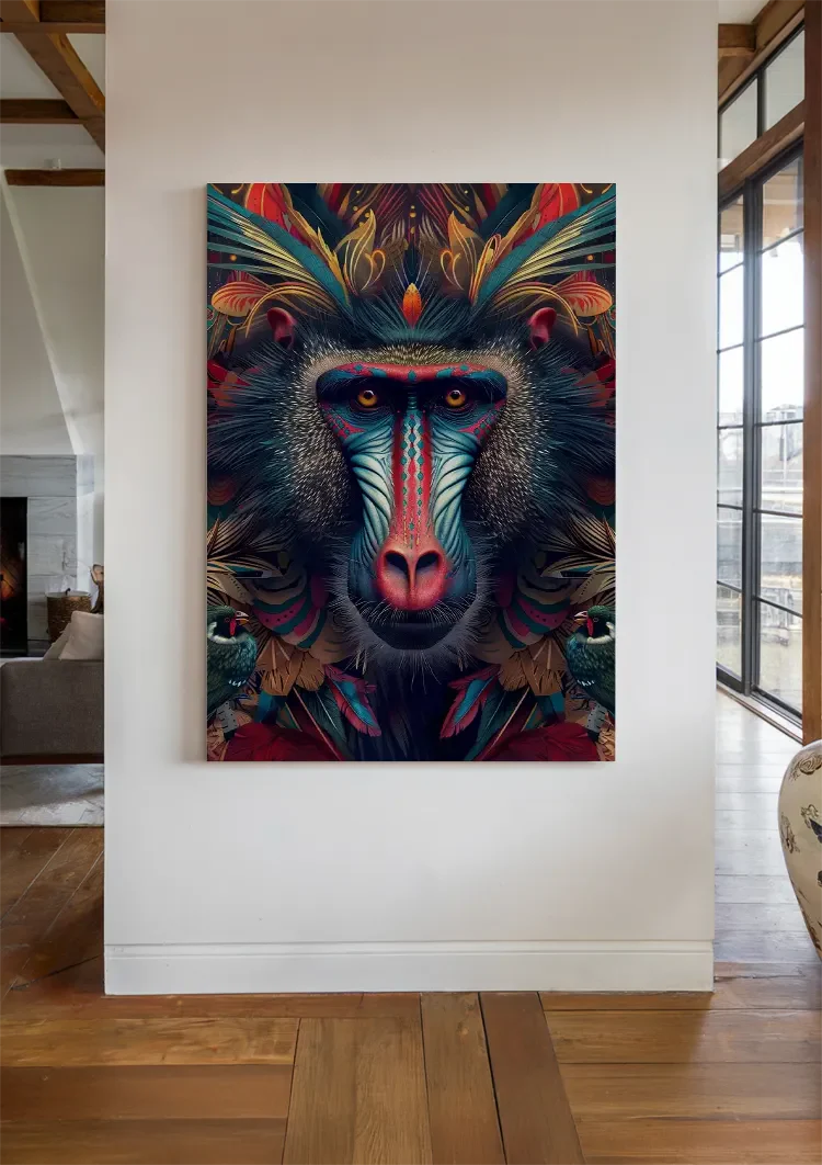 Kleurrijke Mandril Blauw Rood Gezicht Patroon Exotisch Portret Schilderij