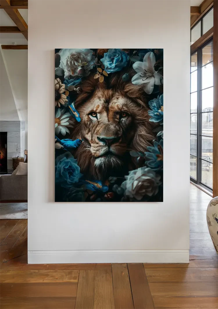 Leeuw Blauwe Bloemen Vlinders Kleurrijk Savanne Portret Schilderij