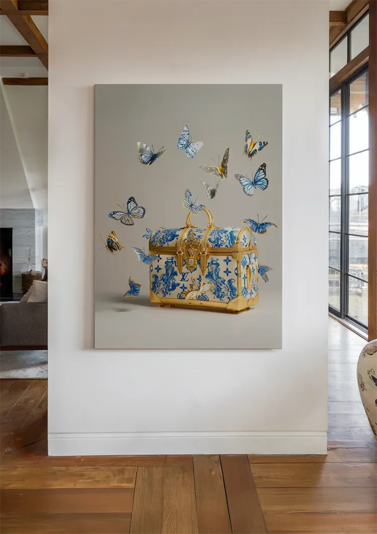 Louis Vuitton Gold Suitcase Blue Flowers Butterflies Luxury Painting