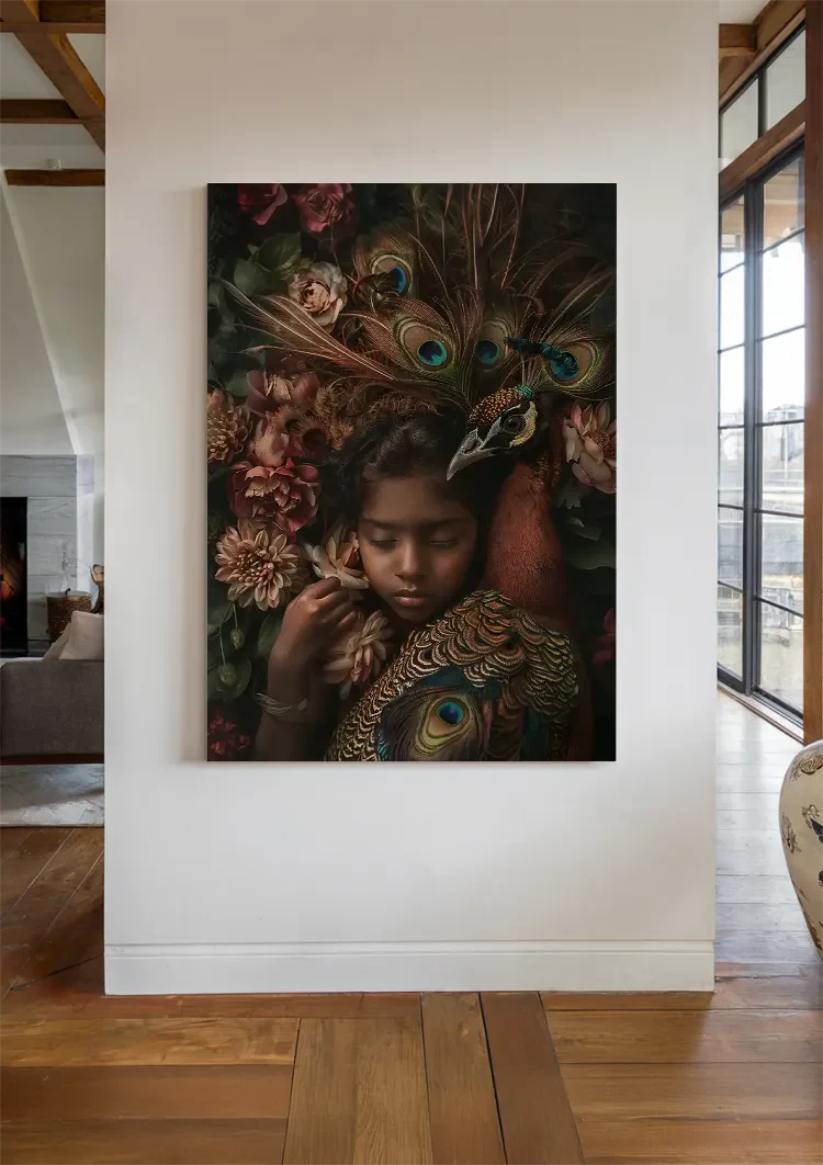 Peacock Dream Prince Girl Warm Feathers Flowers Colorful Fantasy Portrait Painting