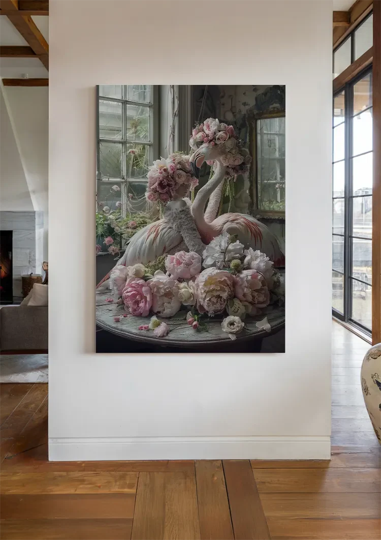 Flamingo and Pop Pink Flowers Vintage Room Romantic Dreamy Painting