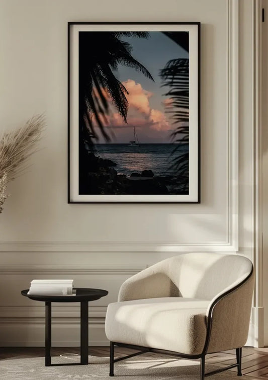 Zeilboot bij zonsondergang canvas schilderij aan de muur boven het bed in de slaapkamer